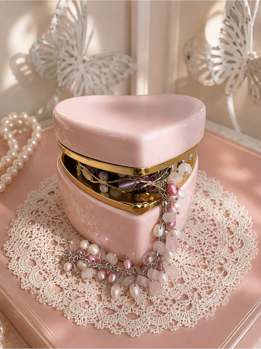 🩷🌸 Pink Heart Trinket Box with Jewelry